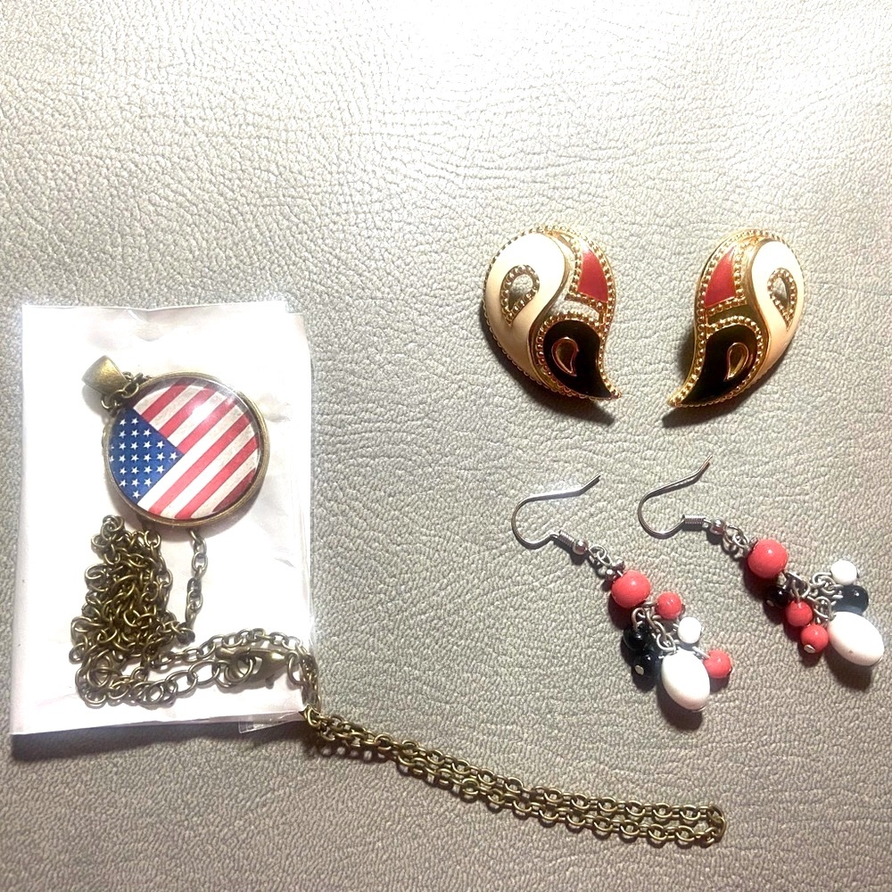 Avon Lot of patriotic jewelry - flag pendant necklace, pierced Earrings Vintage